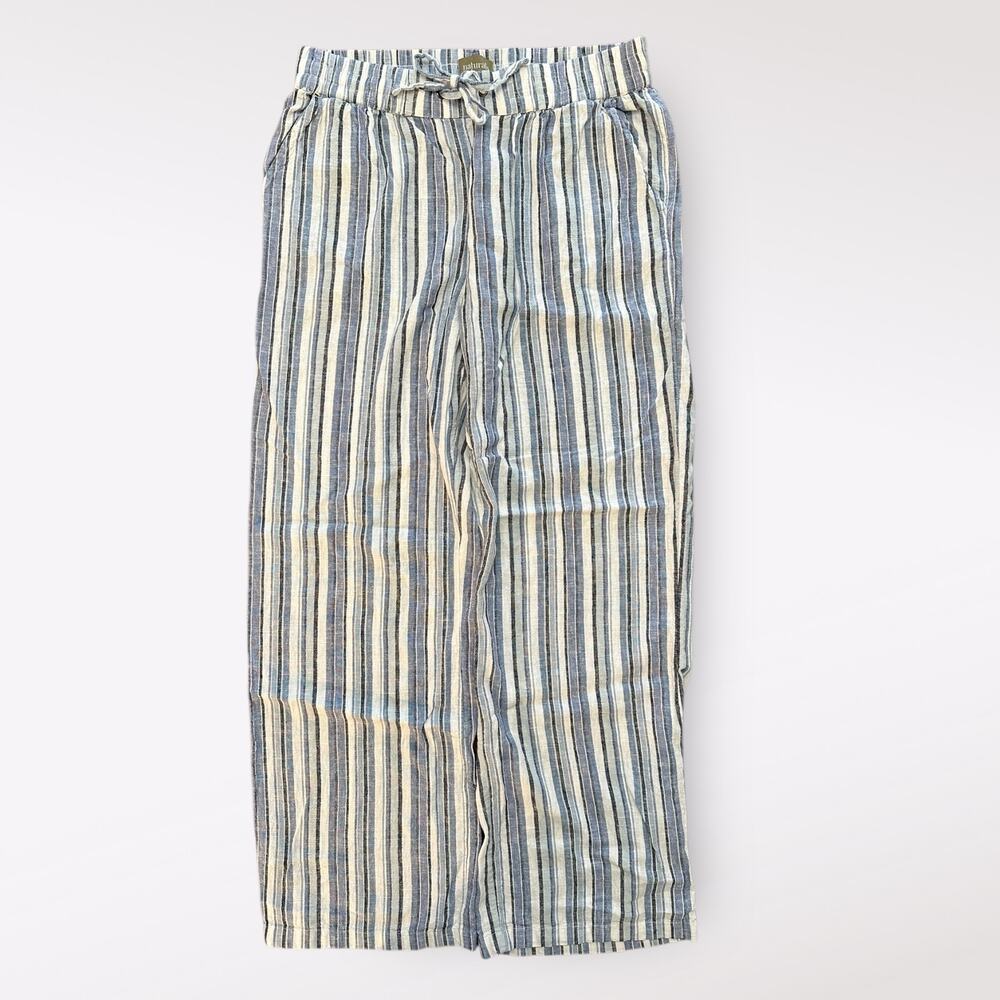 Denim & Co Naturals Blue Stripe Wide Leg Linen Blend‎ Elastic Waist Pant Size MT